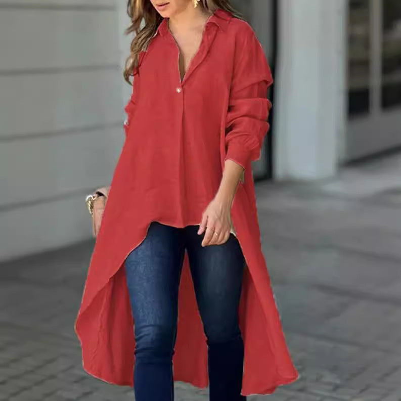 Autumn women's top elegant long sleeve fashion solid color loose lapels shirt Women