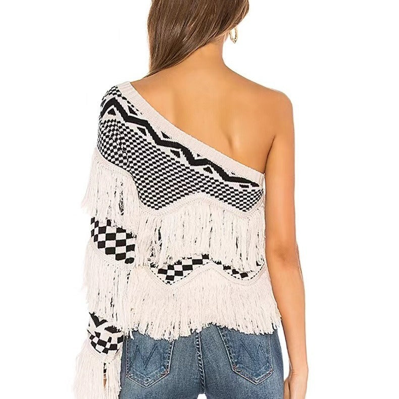 Women's sweater plaid one-shoulder cold-shoulder tassel sexy knitwear