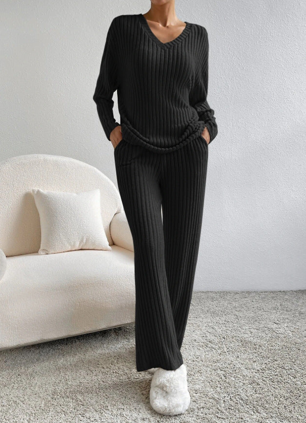 Autumn new fashion casual straight-leg pants temperament loose V-neck pit strip knitted cover