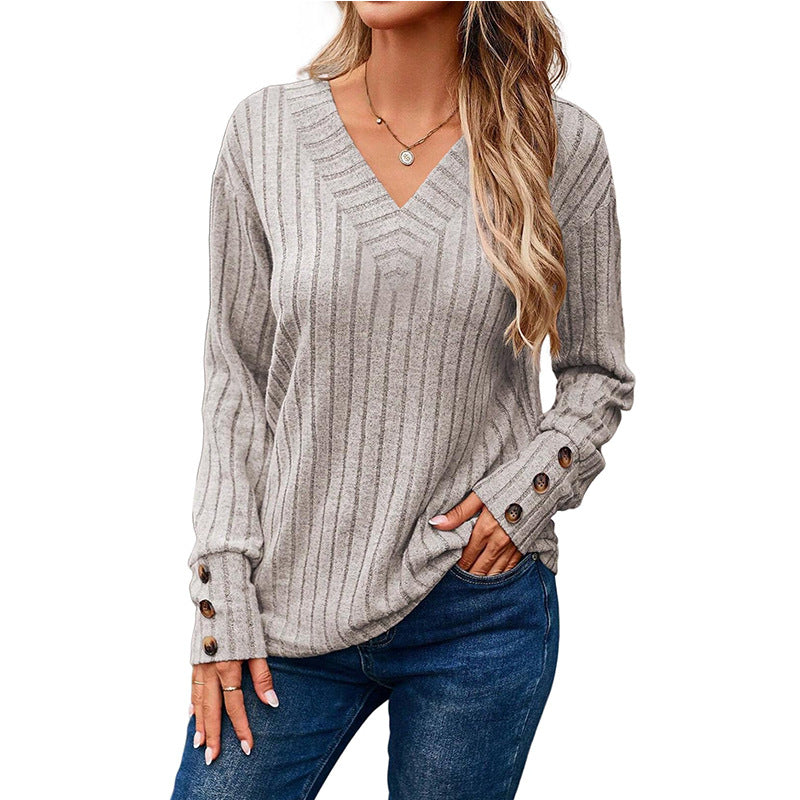 2024 autumn and winter women's long sleeve V-neck shirt solid color buttons T-shirt