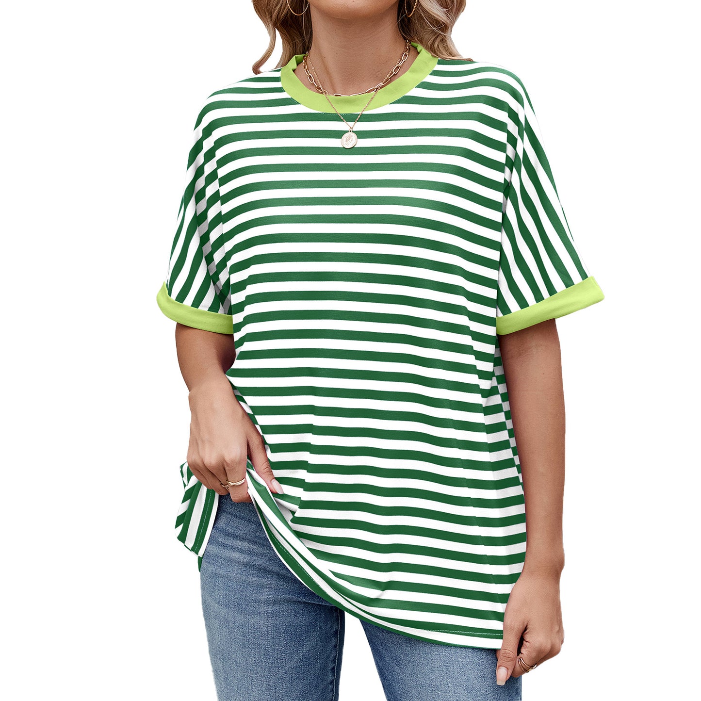 Spring and summer new striped contrasting color round neck loose short-sleeved T-shirt top women