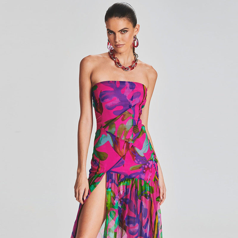 Sexy Tube Top Split Long Dress Seaside Vacation Romantic Printed