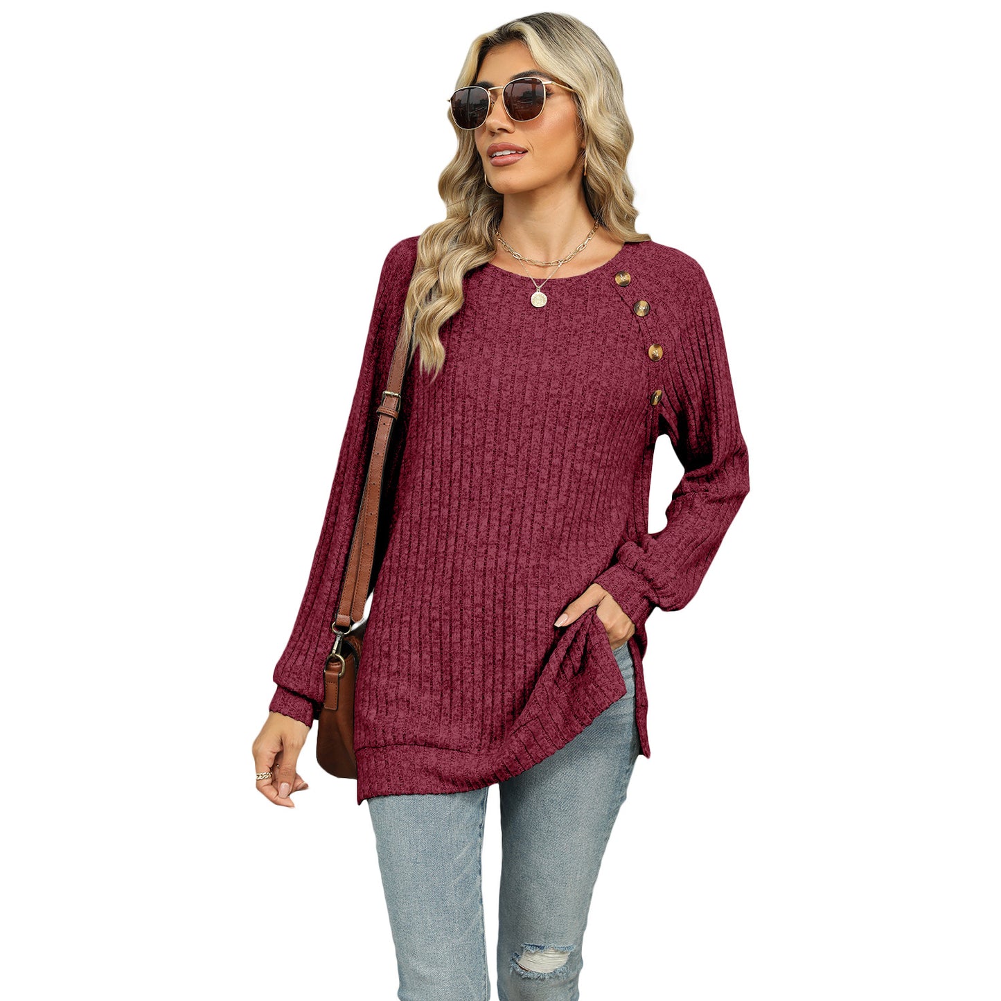 Women's 2024 autumn and winter New round neck raglan sleeve solid color T-shirt split top