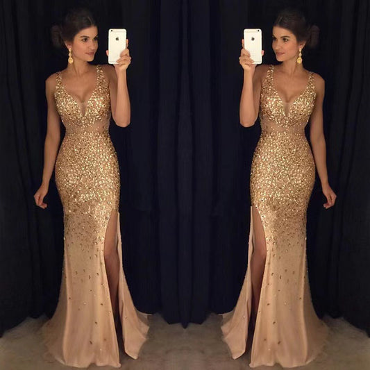 Summer new split bronzing dress long dress evening dress
