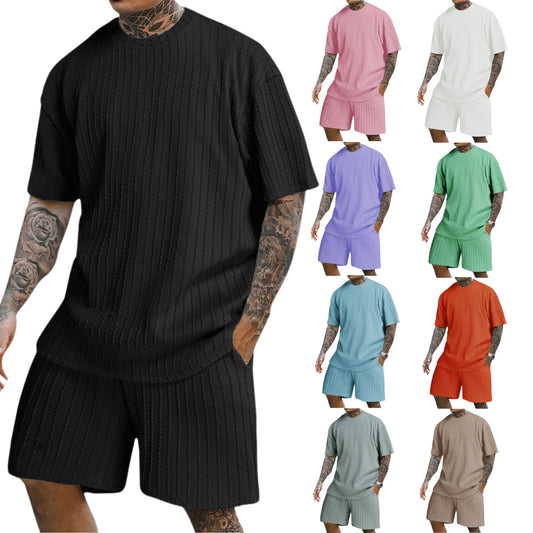 Men's sports solid color round neck pullover vertical T-shirt shorts short sleeves two-piece set