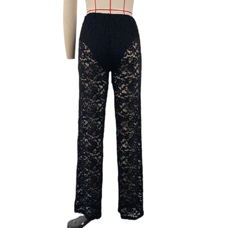 Summer sexy all-match lace see-through high waist stitching long straight-leg pants women's pants