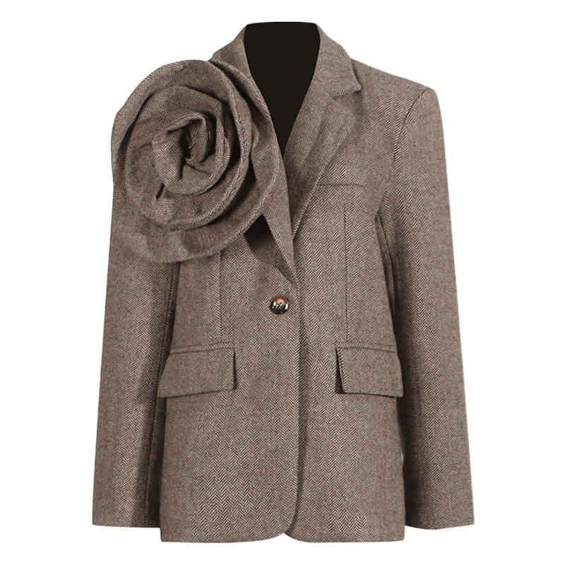 2024 Spring New Artistic Retro Three-Dimensional Flower Loose Design Sense One Button Solid Color Suit Jacket For Women