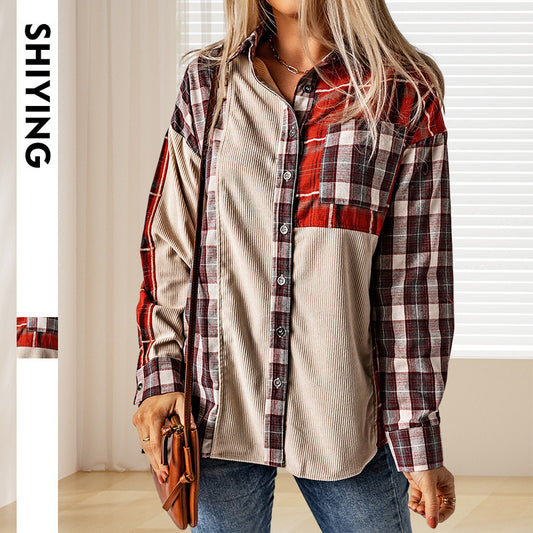 New corduroy plaid shirt top women