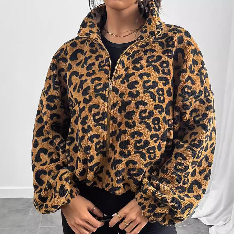 Autumn and winter New loose cardigan zipper leopard print plush coat