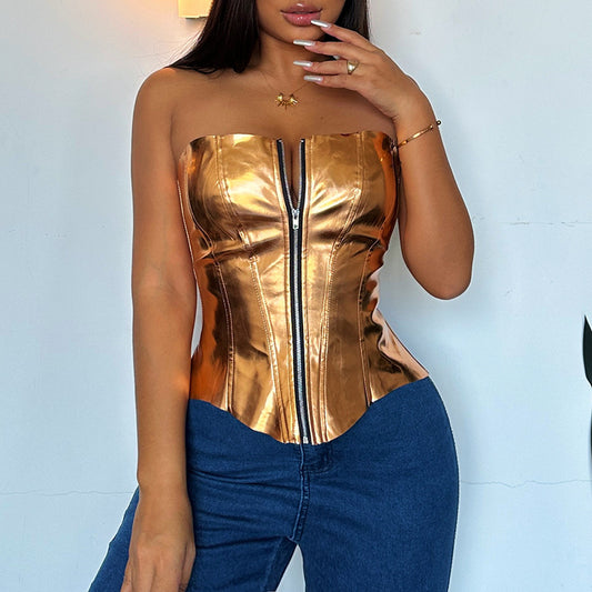 Women's sexy fashion metal bright leather tank-top slim vest waist