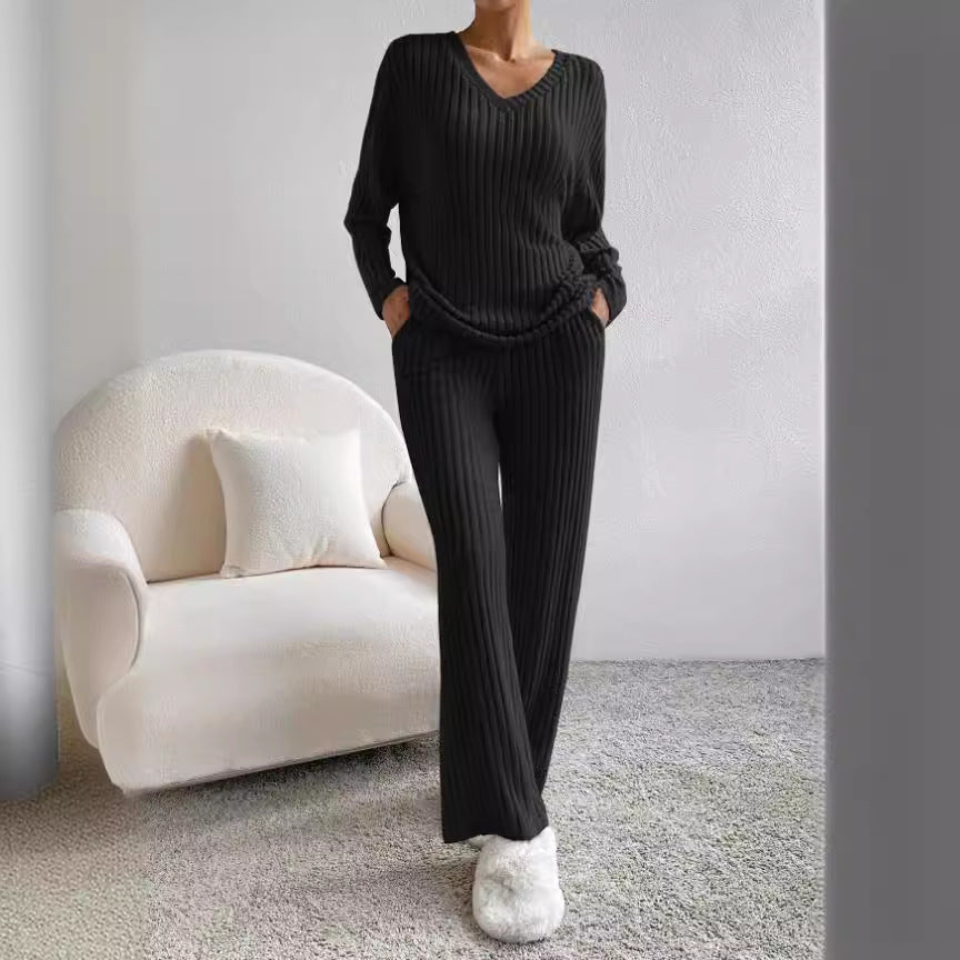 Autumn new fashion casual straight-leg pants temperament loose V-neck pit strip knitted cover