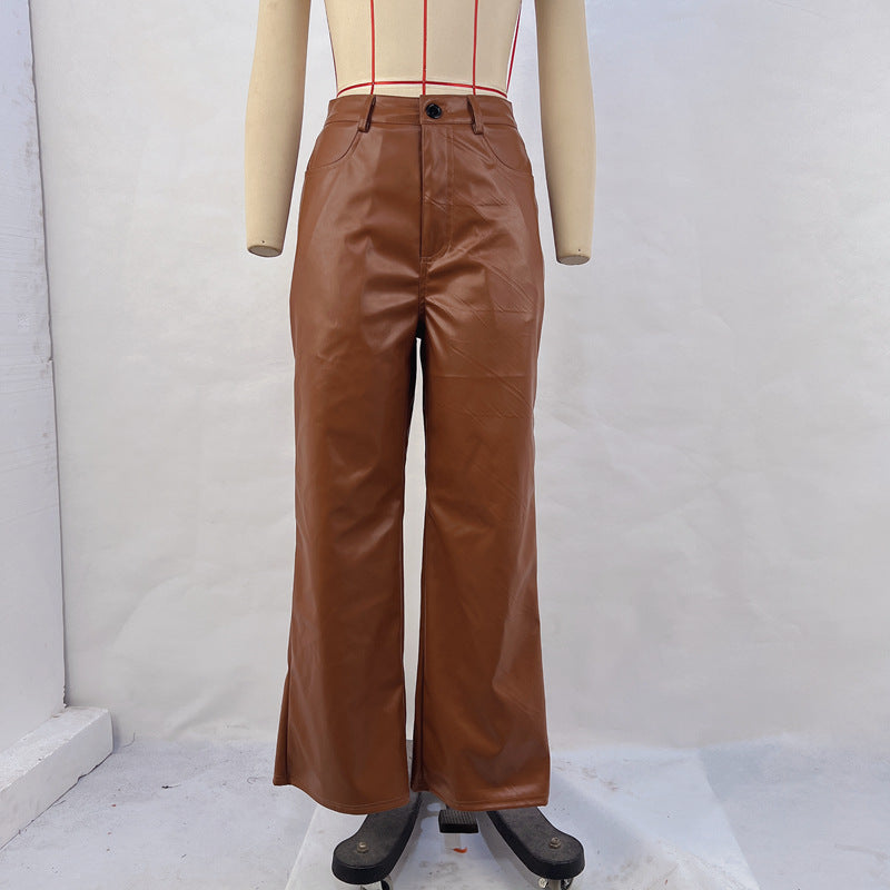 Women's leather pants high waist straight casual pants slimming retro trousers loose wide leg autumn and winter