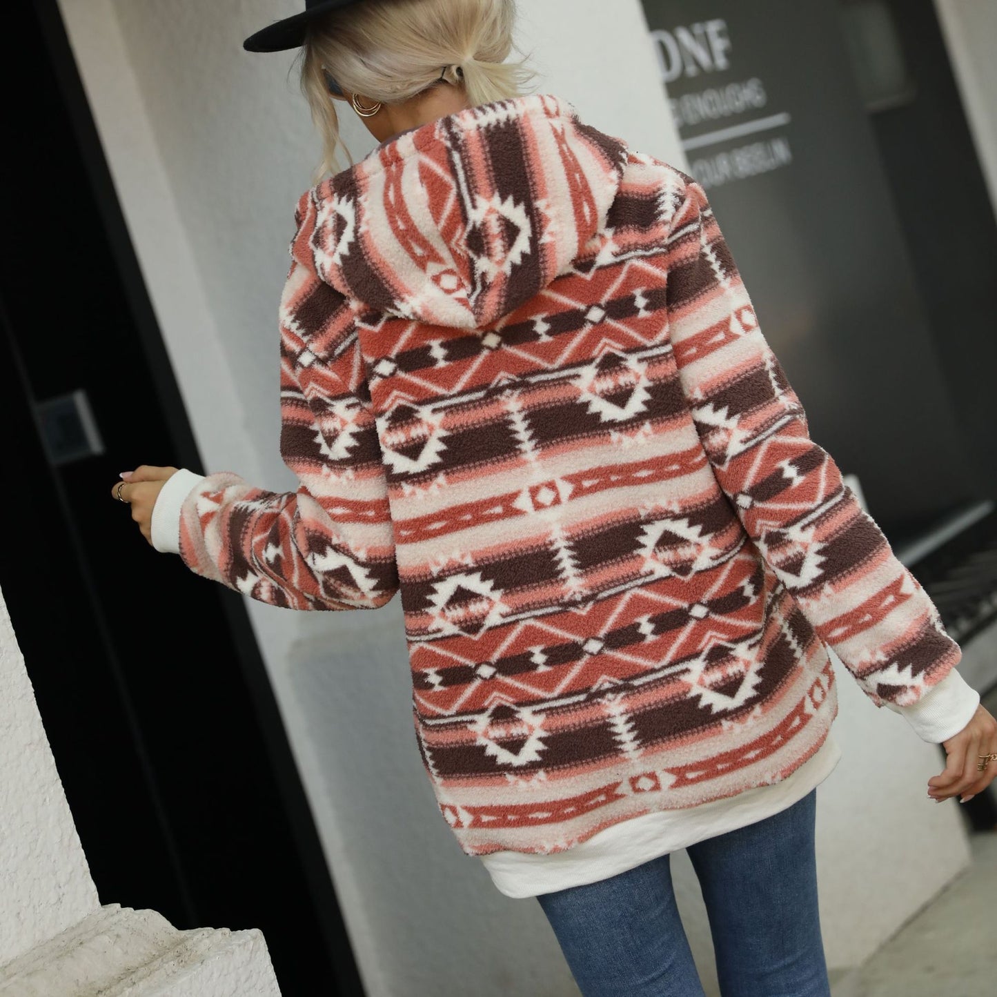 Geometric pattern printed plush loose hooded half zipper pullover sweater for women