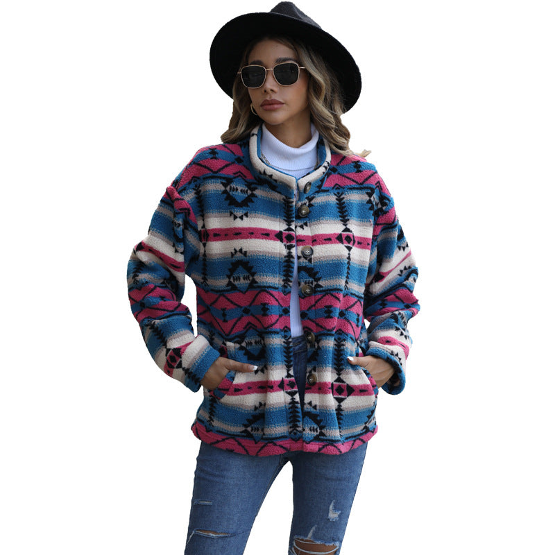 Women's plush single-breasted round neck printed cardigan woolen coat