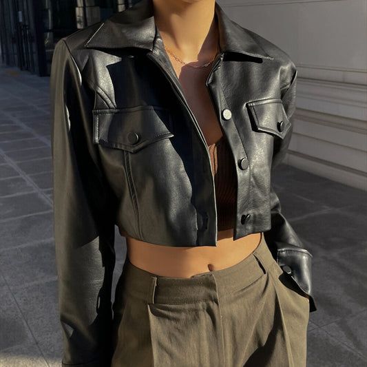 Autumn Winter sexy cropped hot girl motorcycle clothing women's leather top coat