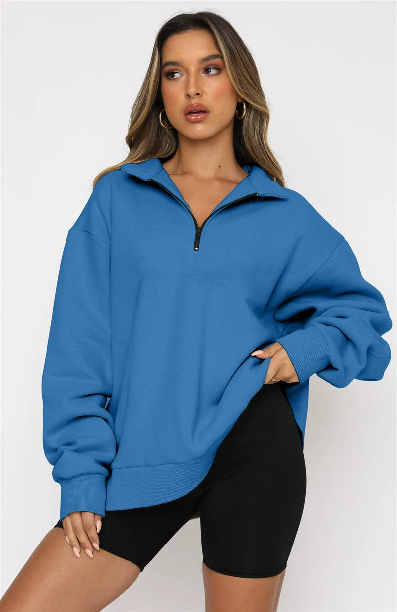 Autumn winter casual loose women hoodie zipper pullover sweater