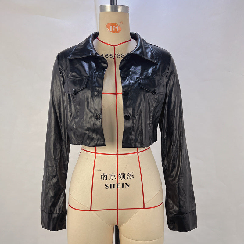 Autumn Winter sexy cropped hot girl motorcycle clothing women's leather top coat