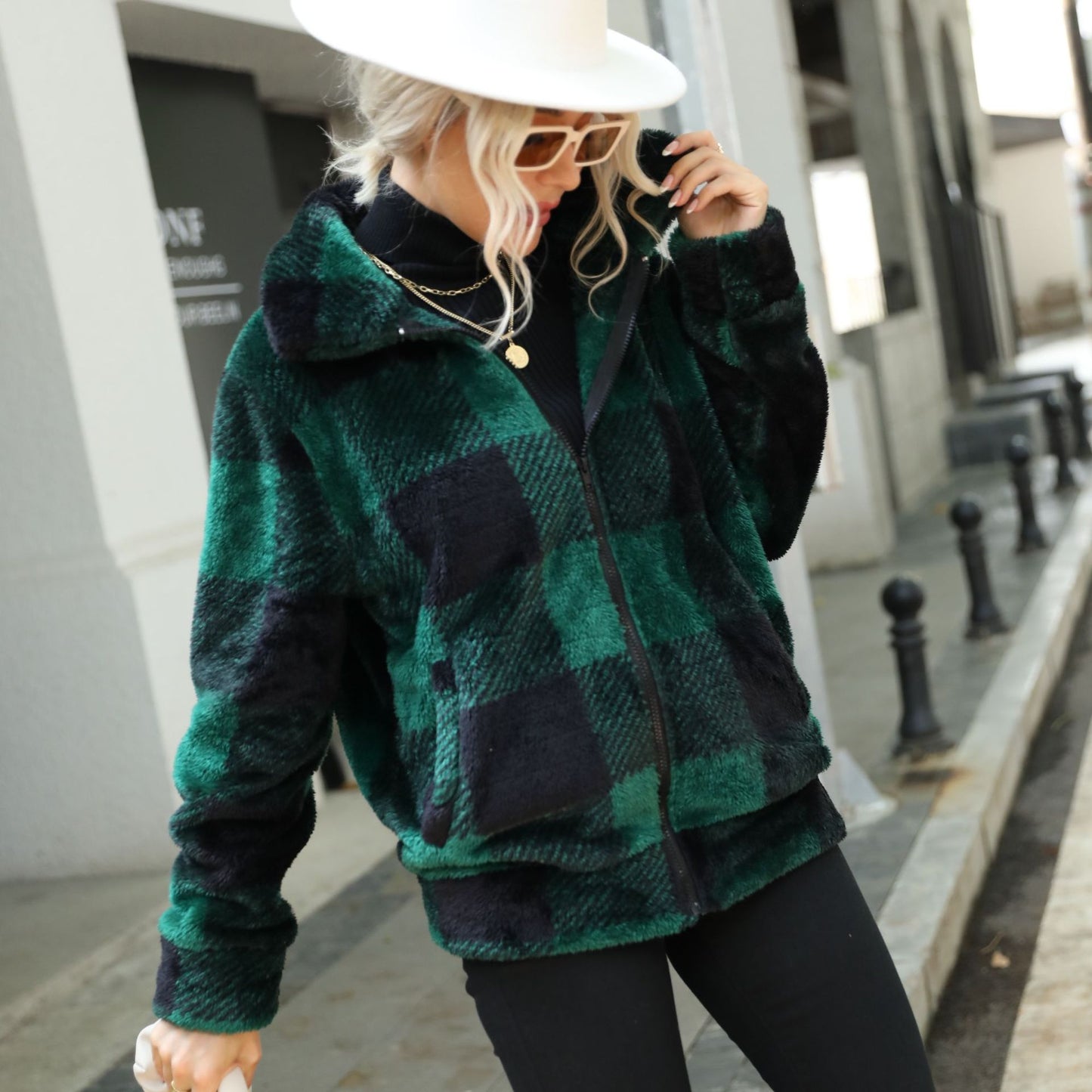 Women's autumn and winter clothing long sleeve stand collar plaid printed mid-length zipper double-sided plush coat