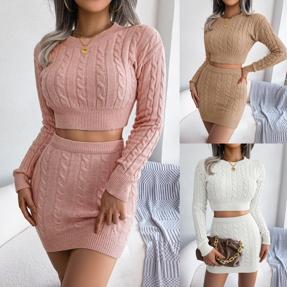 Casual twist off-the-navel sweater hip skirt knitted suit
