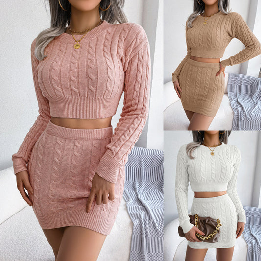 Casual twist off-the-navel sweater hip skirt knitted suit
