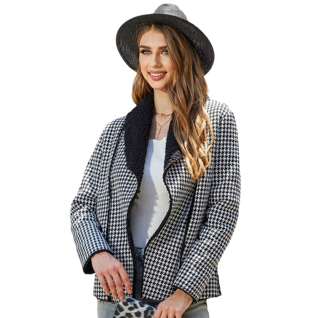 Autumn and winter women's cardigan long sleeve lapel houndstooth composite plush coat female