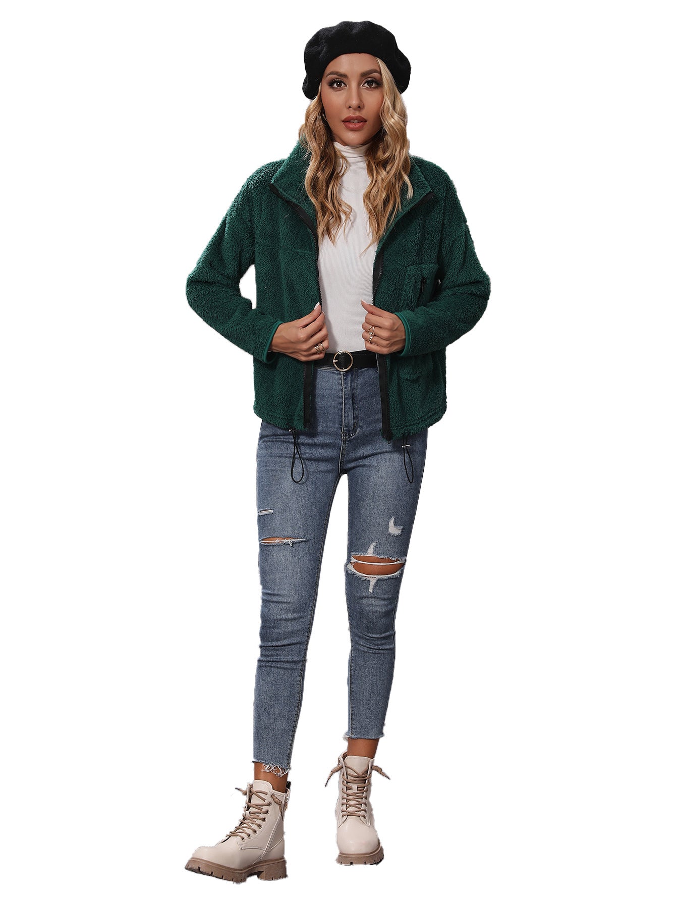 Women's autumn clothing round neck long sleeve loose adjustable rope zipper double-sided velvet casual jacket