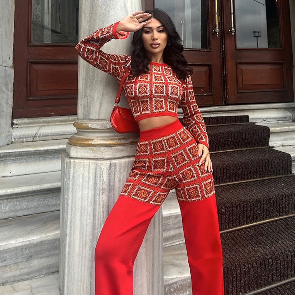 Autumn and Winter ethnic style printed grid long sleeve short top high waist straight-leg pants suit