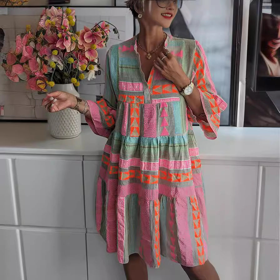 New European and American autumn printed V-neck seven-quarter-sleeved dress