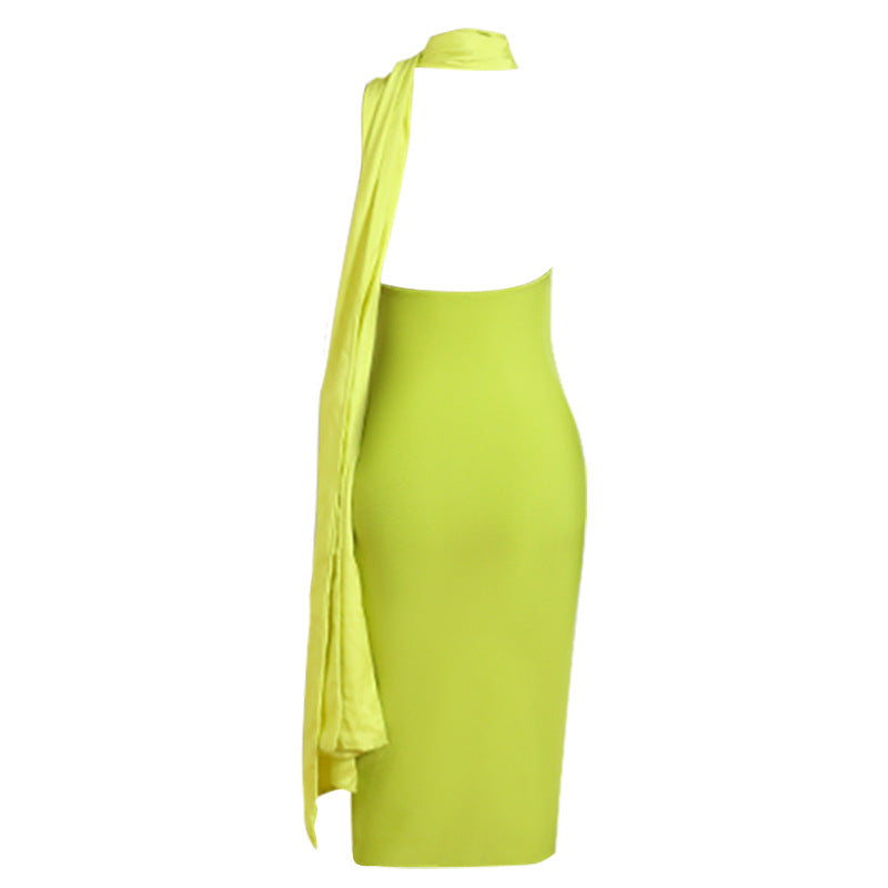 French Ribbon Halter Dress Backless Tight Bodycon Evening