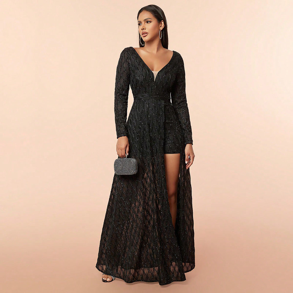 Elegant style dress deep V mesh sequins long sleeve long formal dress