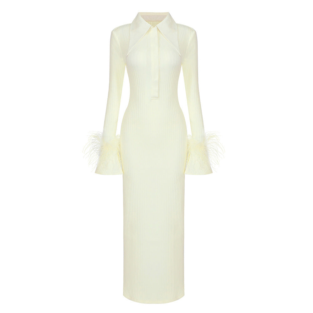 Polo Collar Long Sleeve Feather Stitching Long Evening Dress