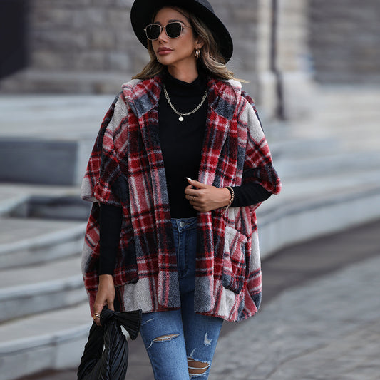 New casual plush women's hooded five-quarter sleeve loose plaid buckle-free coat