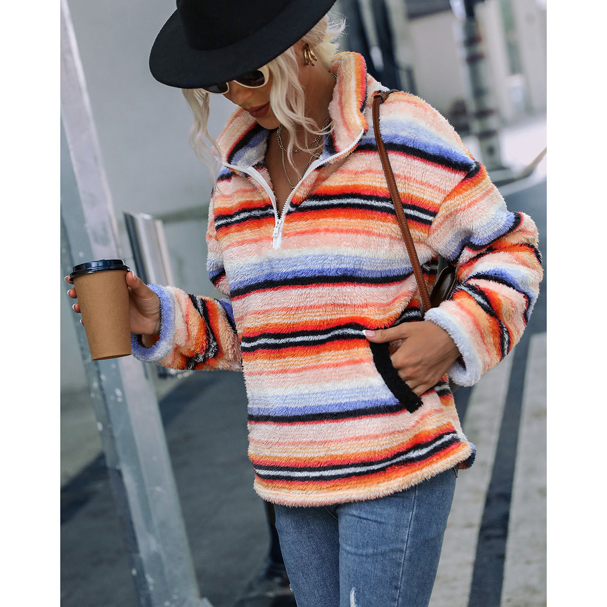 Women's Mid-length lapel long sleeve double-sided velvet striped printed plush pullover sweater