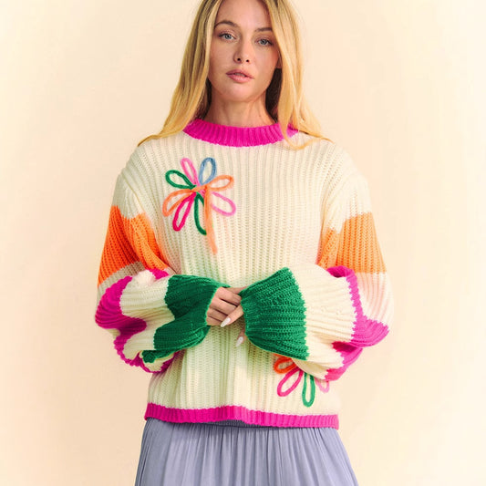 Color matching crew neck pullover sweater knitted sweater