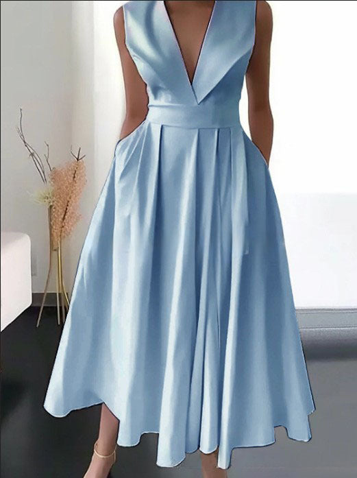 Summer sleeveless waist pocket pendulum medium and long solid color dress