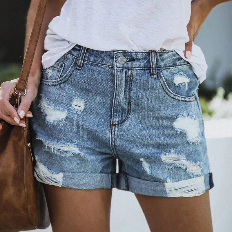 Ripped high elastic denim shorts for women