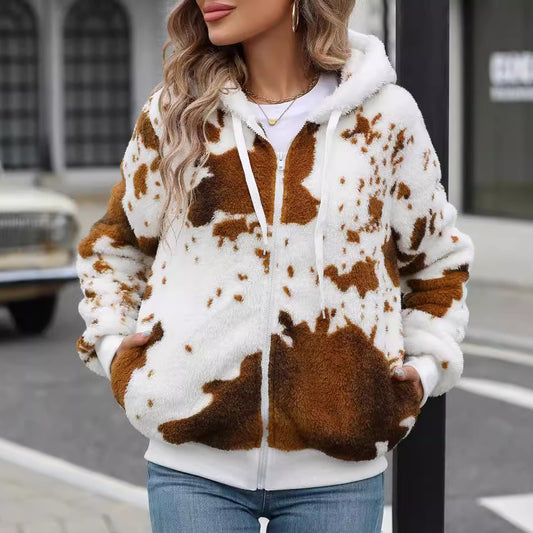 Autumn and winter women's hooded zipper plush printed cardigan jacket