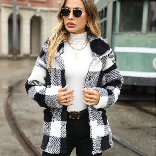 Autumn and winter women's lapel long sleeve mid-length Plaid single-breasted double-sided velvet casual jacket