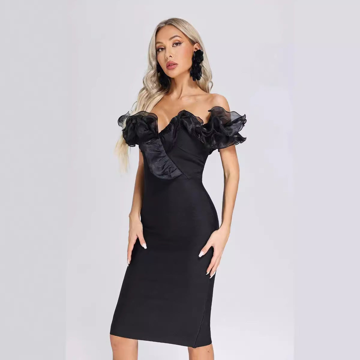 Bandage Dress Cold-Shoulder Mesh Black Party Dresses