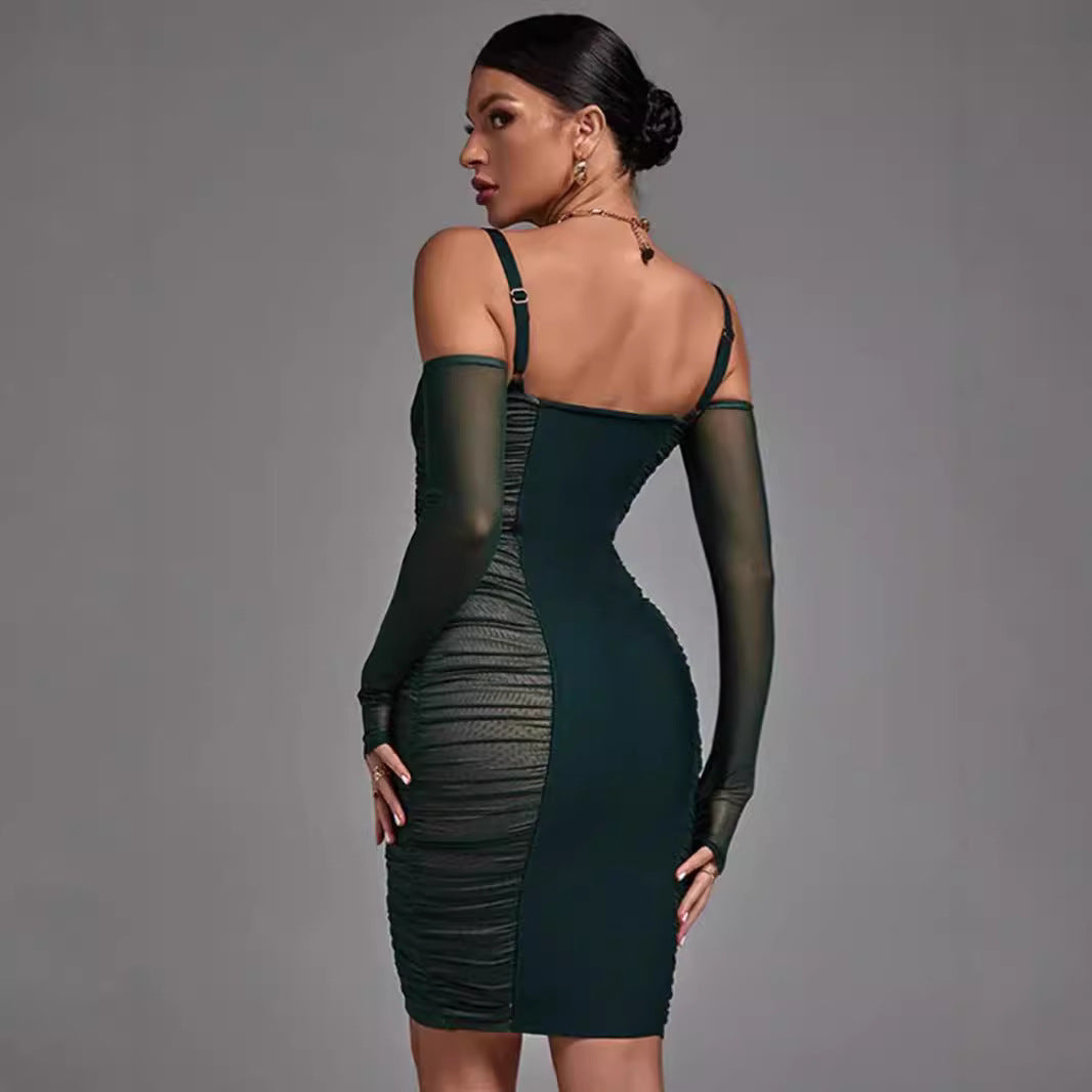 Mesh See-Through Off Shoulder Spaghetti Hollow Out Tied Pleated Dress