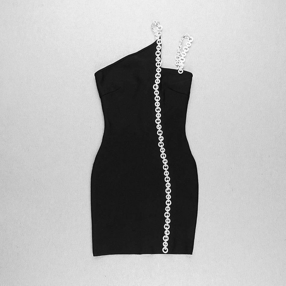 Women's nightclub sexy elegant one-shoulder Diamond-embedded long chain hanging shoulder Mini bandage one-piece dress