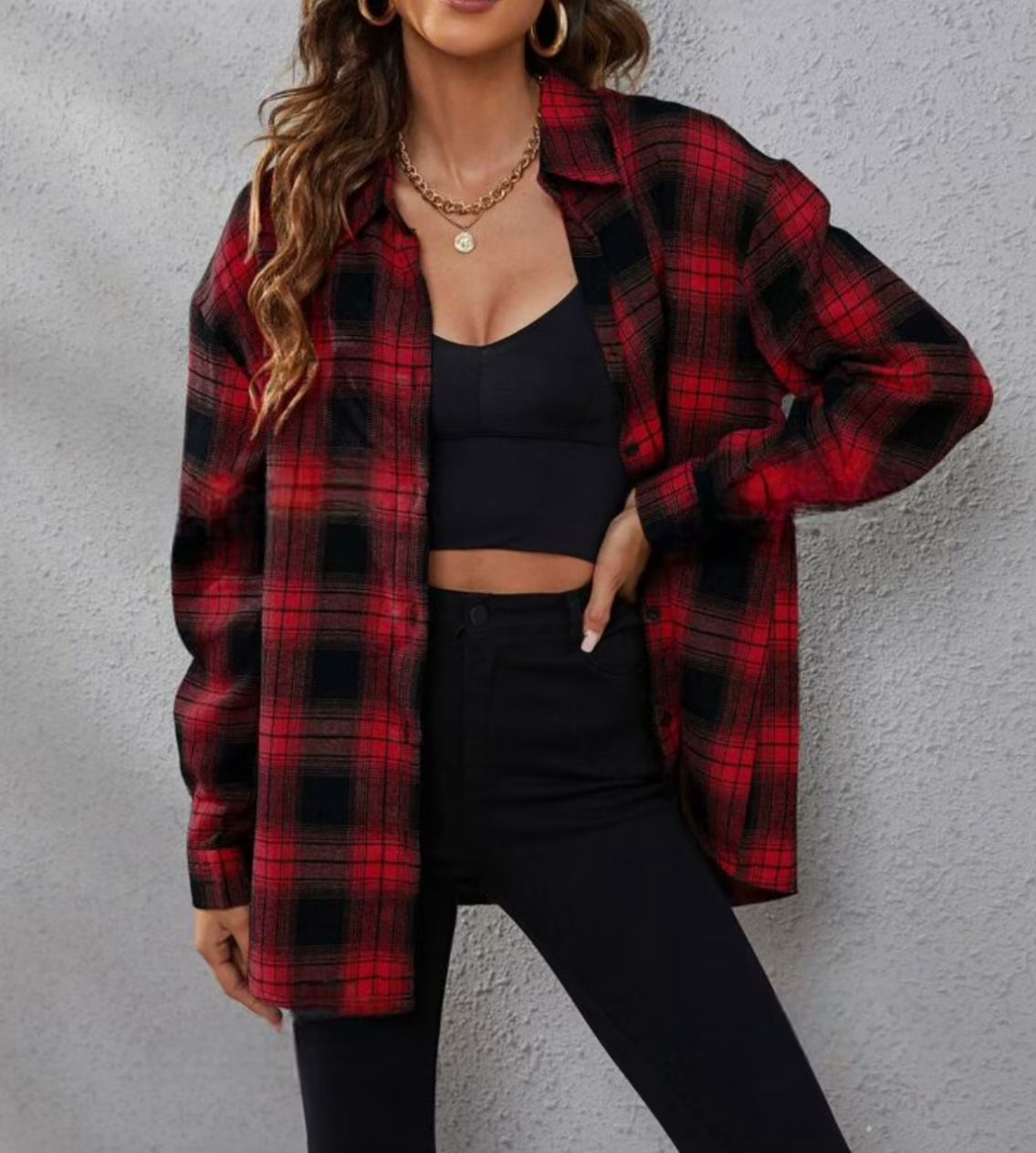 New foreign trade European and American women's shirt lapel single-breasted long-sleeved plaid shirt
