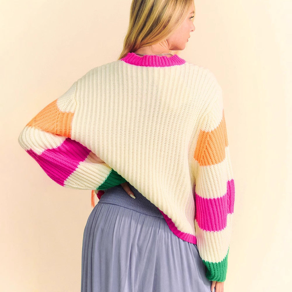 Color matching crew neck pullover sweater knitted sweater