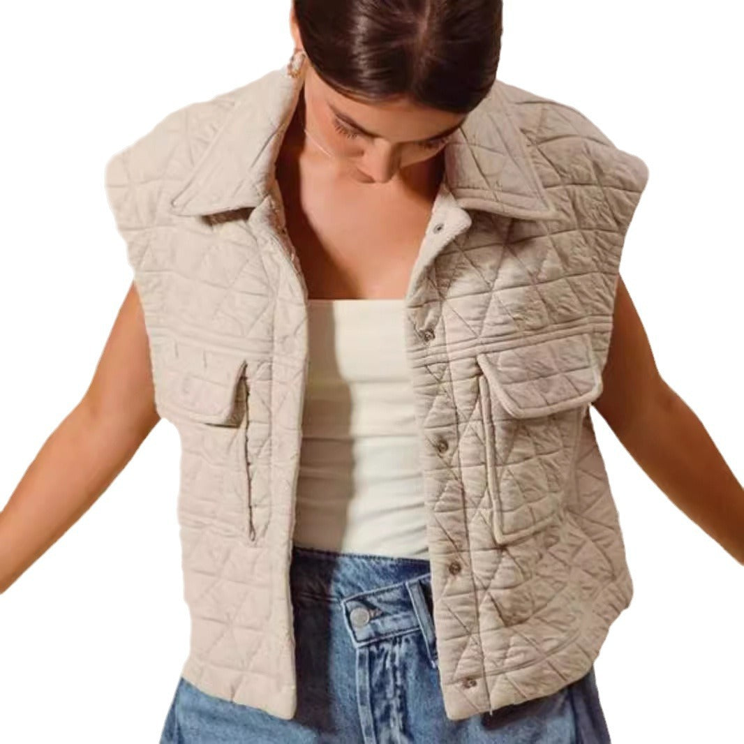 Button pocket lapels quilted winter vest women's clothing