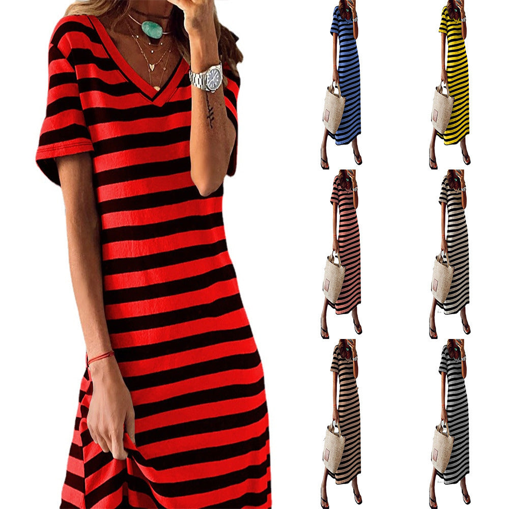 Spring plus size striped printed dress  loose hem skirt
