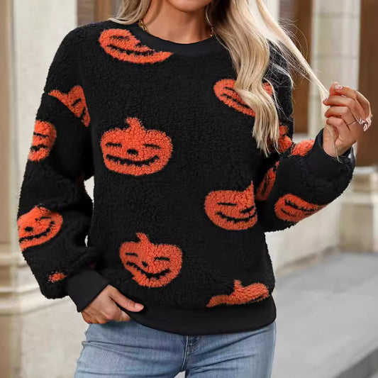 Women's autumn and winter Halloween printed plush loose pullover sweatershirt