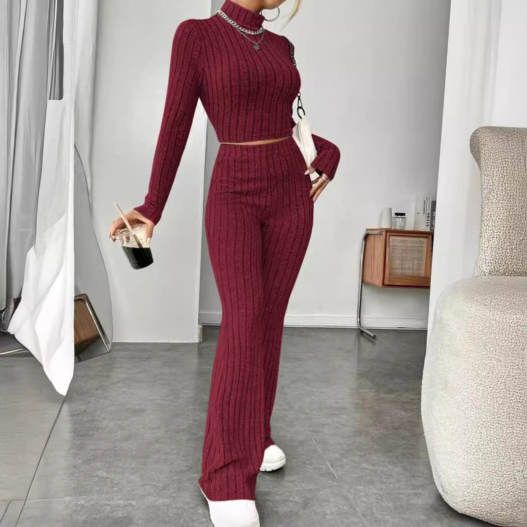 Autumn and Winter solid color knitted long sleeve turtlenecks wide leg high waist trousers suit