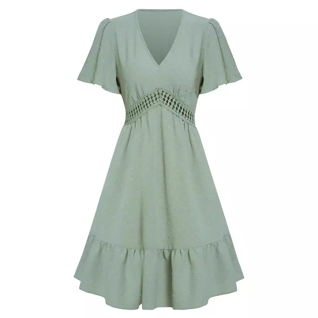 Spring and summer new women's clothing cross-border fresh V-neck solid color lotus leaf sleeve dress women