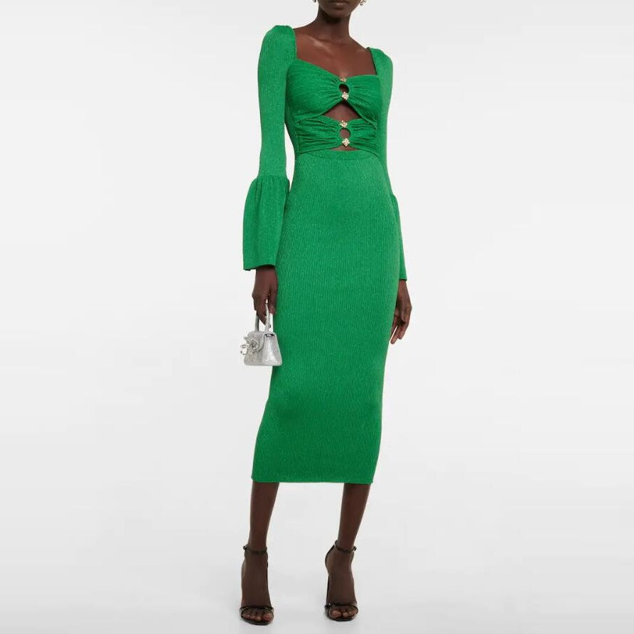 Diamond Bead Wool Knitted Elegant Stacked Sleeves Green Dress