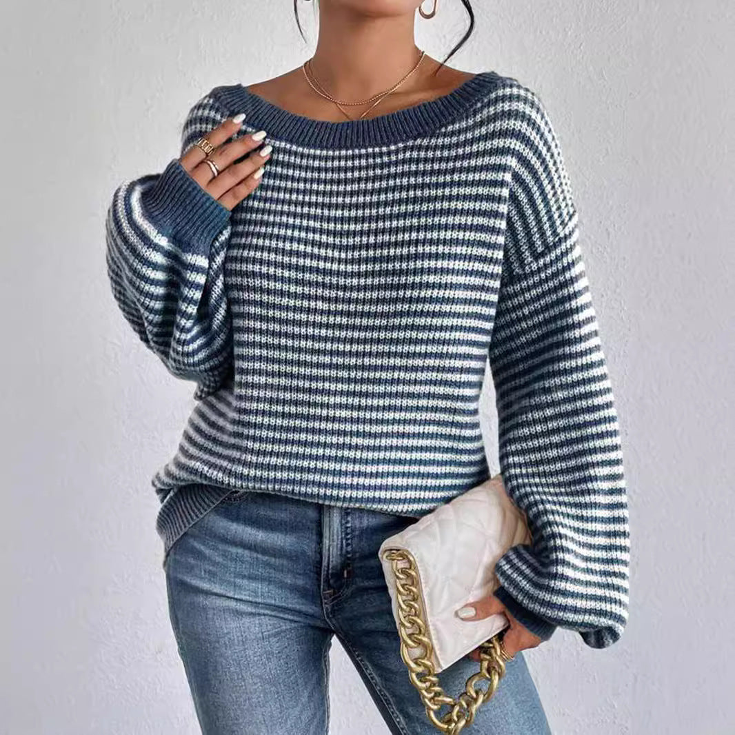 Off-the-shoulder sweater all-match loose contrast color striped lantern sleeve lazy sweater women